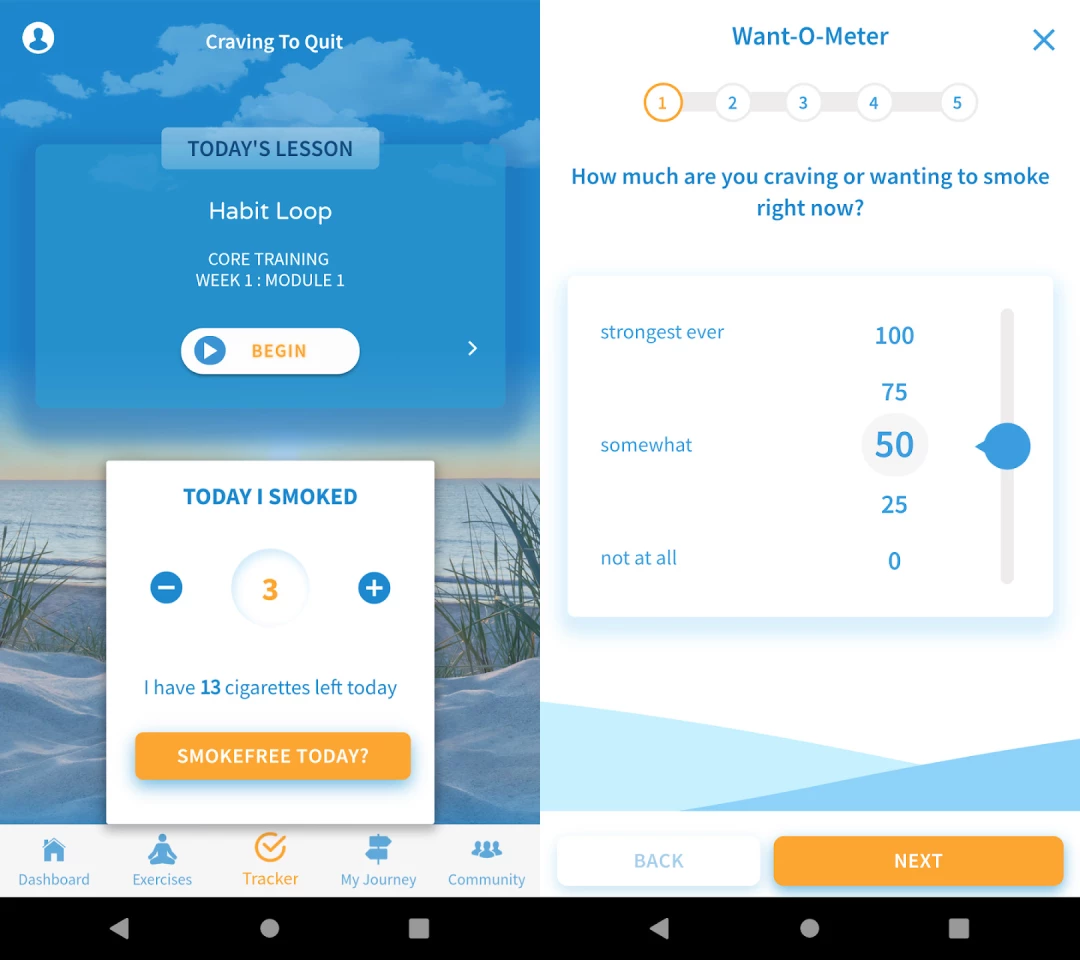 Mobilní aplikace, jako je Craving to Quit, používají různé psychologické a behaviorální rámce, aby pomohly kuřákům zbavit se jejich zlozvyku